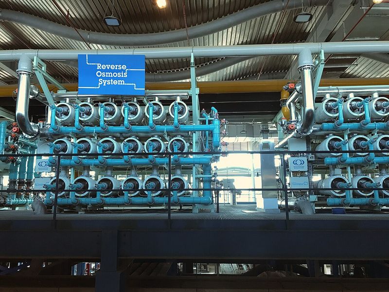 Rows of membrane housings at a reverse osmosis plant